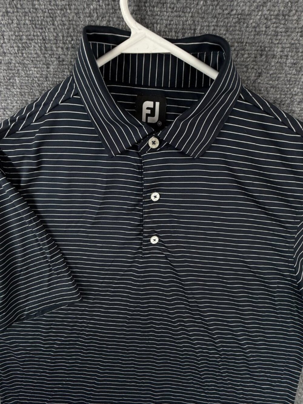 Footjoy Polo Shirt Navy Blue White Striped Medium Stretch Golf Outdoors Adult